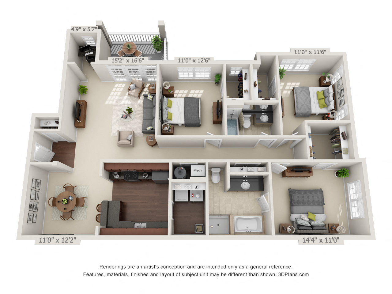 Floor plan for 3 beds, 2 baths, 1569 sqft